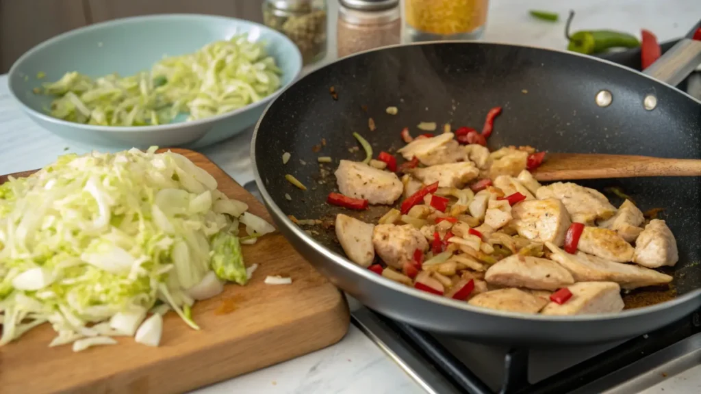 Step-by-step cooking scene of chicken being stir-fried with ginger and garlic in a pan, with chopped cabbage ready to be added.
