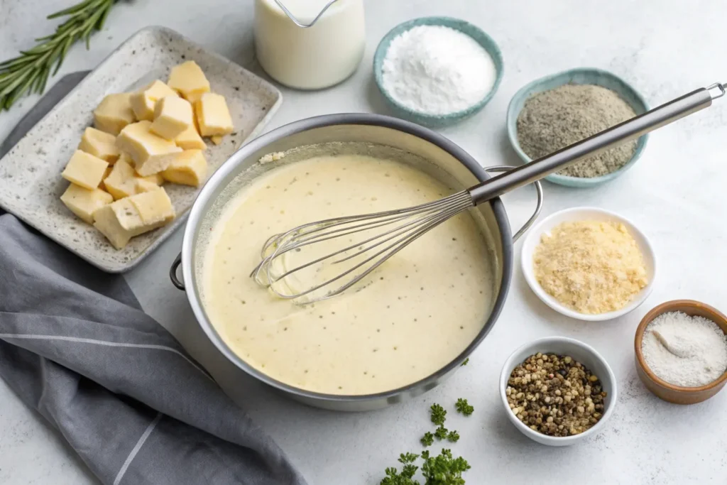 Step-by-step flat lay showing powdered cheese being whisked into a creamy sauce in a saucepan, surrounded by ingredients like butter, milk, and seasonings.