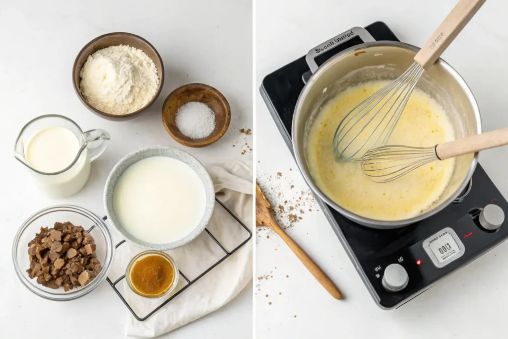 Step-by-step flat lay comparing instant pudding preparation, showing whisking milk in a bowl, versus regular pudding preparation, stirring on a stovetop