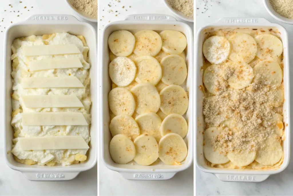 Step-by-step flat lay showing scalloped potatoes being layered with shredded cheese, seasoned with spices, and topped with breadcrumbs in a baking dish.
