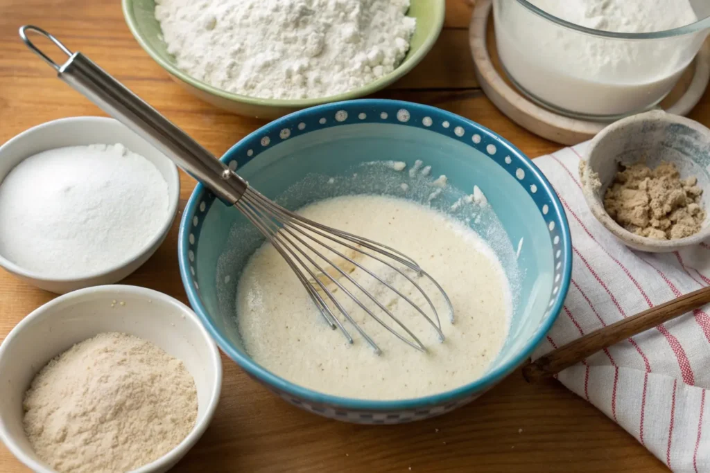 Step-by-step view of a mixing bowl with kefir being whisked into wet ingredients, surrounded by bowls of flour, sugar, and baking powder ready to be combined.