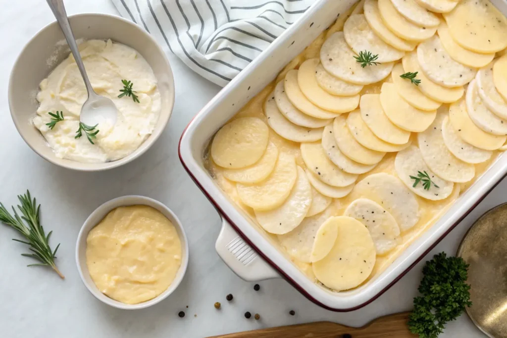 Step-by-step flat lay showing thinly sliced potatoes being layered in a baking dish with creamy cheese powder sauce, garnished with fresh herbs.