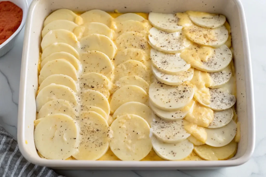 Step-by-step flat lay showing the layering process of thinly sliced potatoes, creamy cheese sauce, and spices in a baking dish, ready for baking.