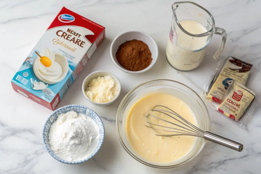 Step-by-step process of adding heavy cream to instant pudding mix, featuring a bowl, whisk, pudding mix box, and a measuring cup of heavy cream.