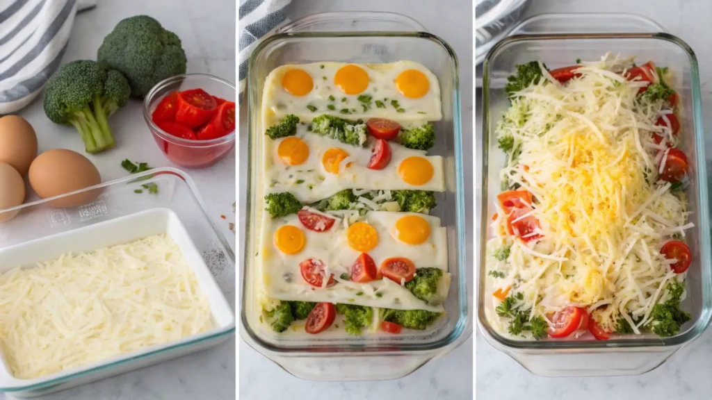 Preparing a casserole with raw eggs, cheese, and vegetables for baking ahead of time.