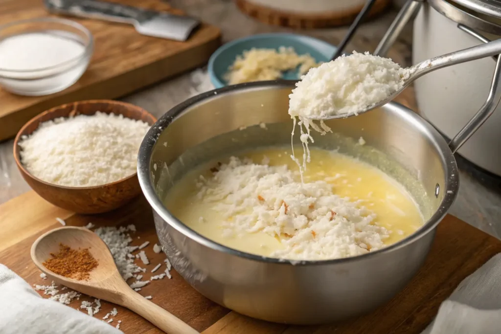 Step-by-step image of making coconut filling for Mounds cake, showing a saucepan with melted butter and condensed milk, shredded coconut being stirred in, and a spoon ready to mix, in a cozy kitchen setting.
