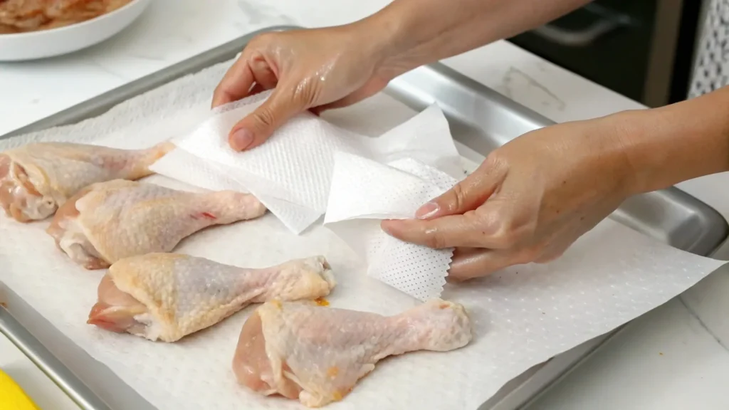 Chicken legs being patted dry with paper towels in preparation for smoking, highlighting the importance of removing surface moisture for crispy skin.
