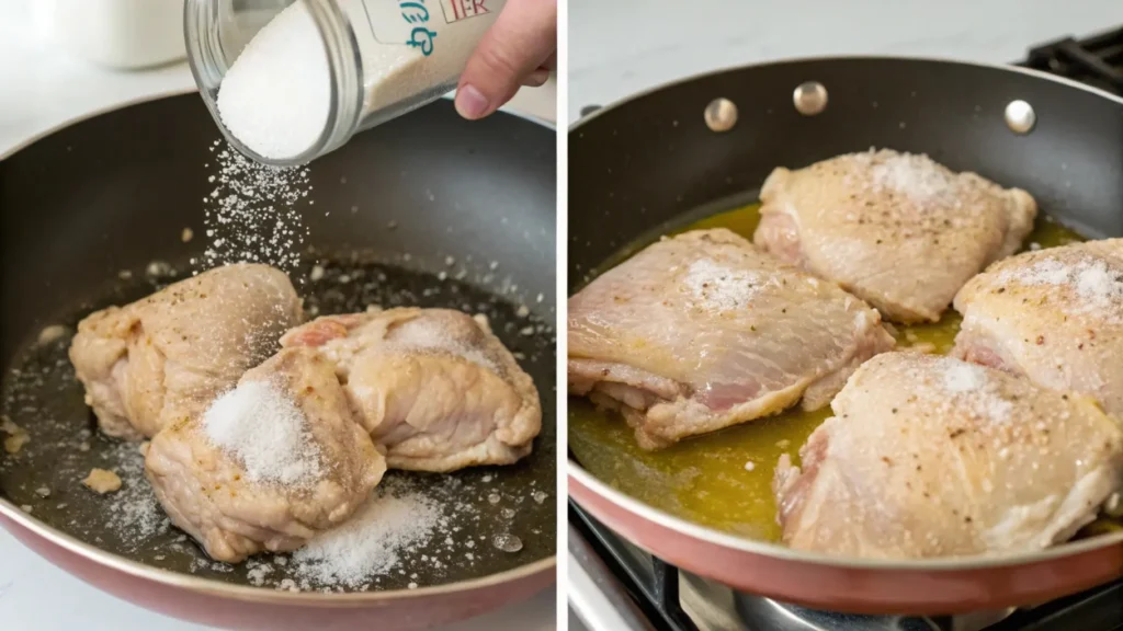 Step-by-step preparation of chicken thighs being seasoned with salt and cooked in a pan with clarified butter, showcasing a carnivore-friendly cooking method.