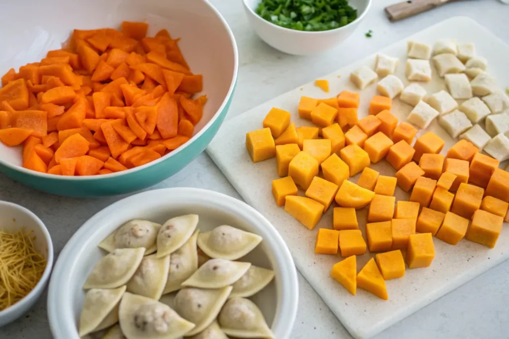 Chopped pumpkin, carrots, and yam arranged neatly next to a bowl of rolled dumplings (spinners), ready for preparation in Jamaican chicken soup.