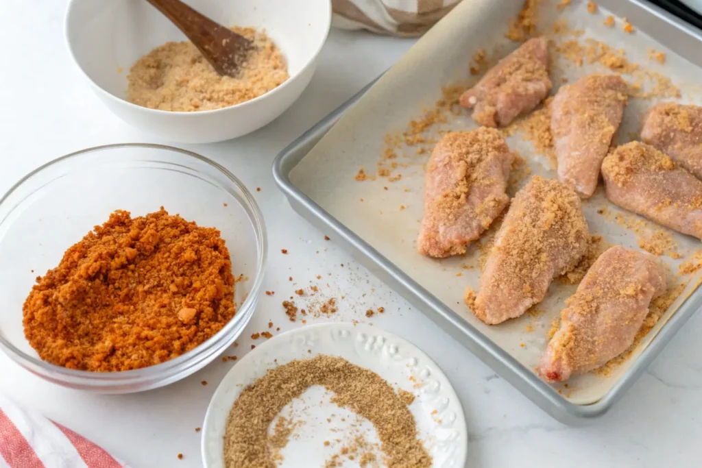 Step-by-step preparation showing raw chicken tenders being breaded with a spiced mixture of breadcrumbs, cayenne pepper, and paprika.