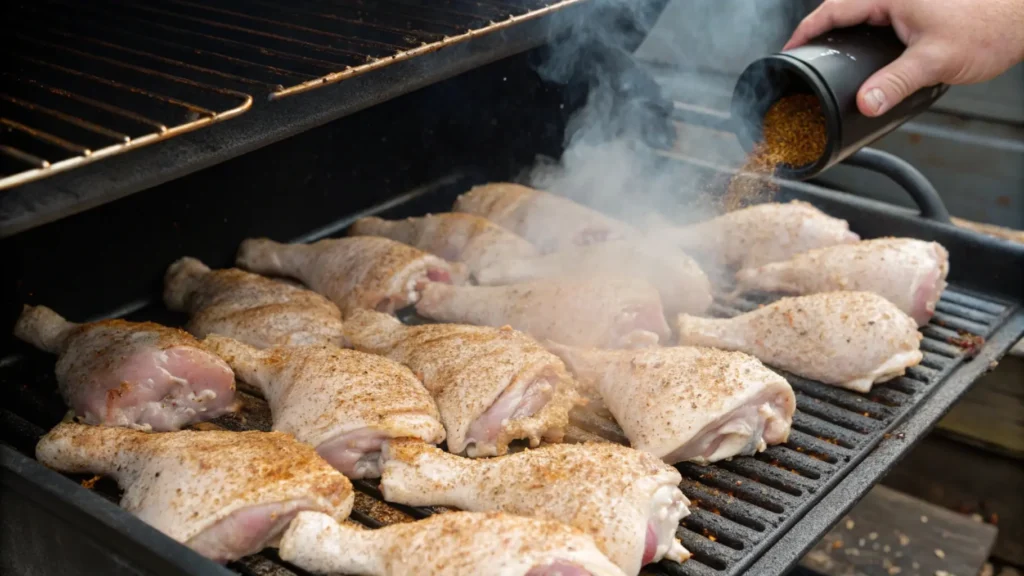 Step-by-step process of preparing smoked chicken legs and thighs, showing chicken seasoned with a dry rub on smoker grates with visible smoke rising.