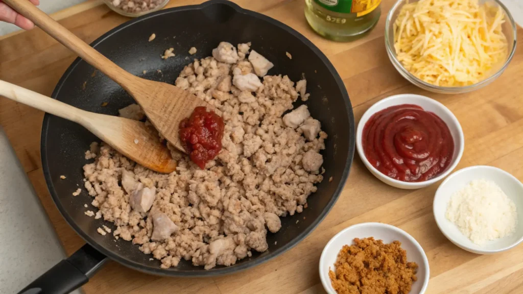 Ground chicken being cooked in a skillet, with wooden utensils stirring the mixture, surrounded by small bowls of ketchup, spices, and shredded cheese for preparation.