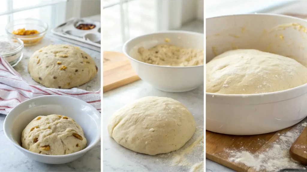 Step-by-step visuals of bread dough during hydration, kneading, and proofing stages in a brightly lit kitchen. Learn what is the secret to moist homemade bread through detailed techniques.