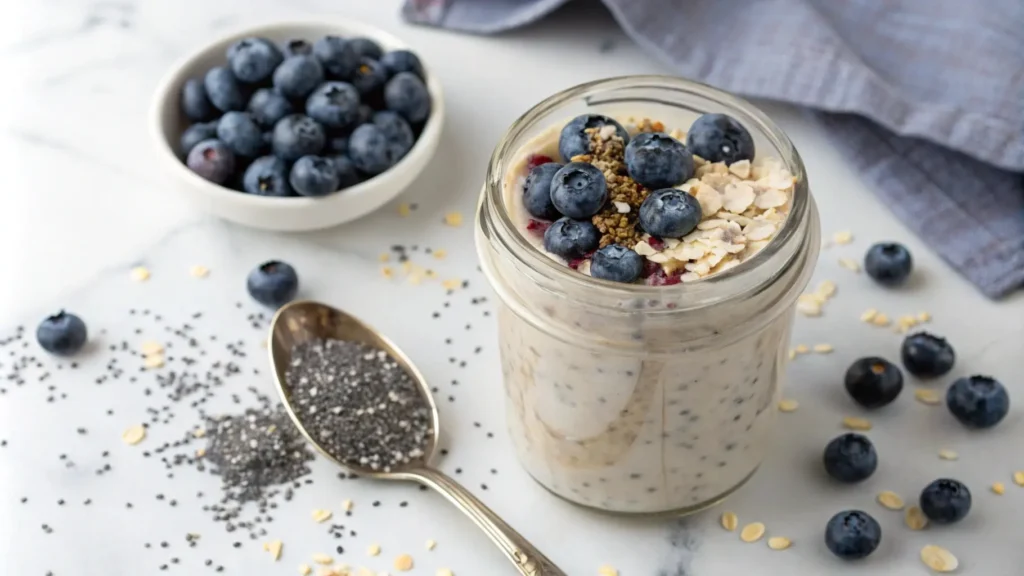 "Top-down view of Purely Elizabeth overnight oats with creamy texture, topped with blueberries, chia seeds, and coconut flakes on a white marble surface."