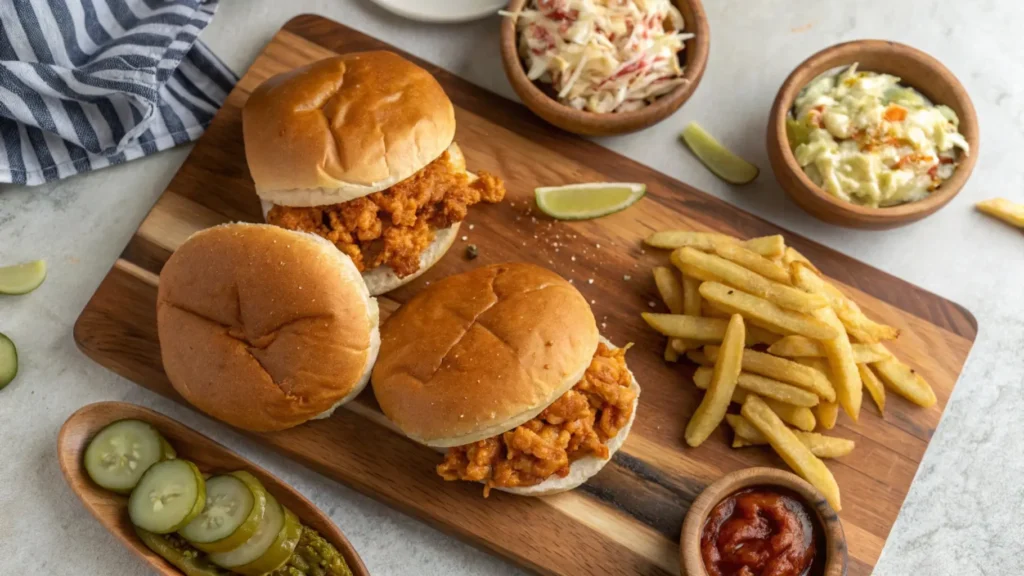 Top-down view of fully assembled cheesy chicken sloppy joes on a wooden serving board, with buns slightly open to reveal gooey chicken filling, served alongside fries, coleslaw, and pickles