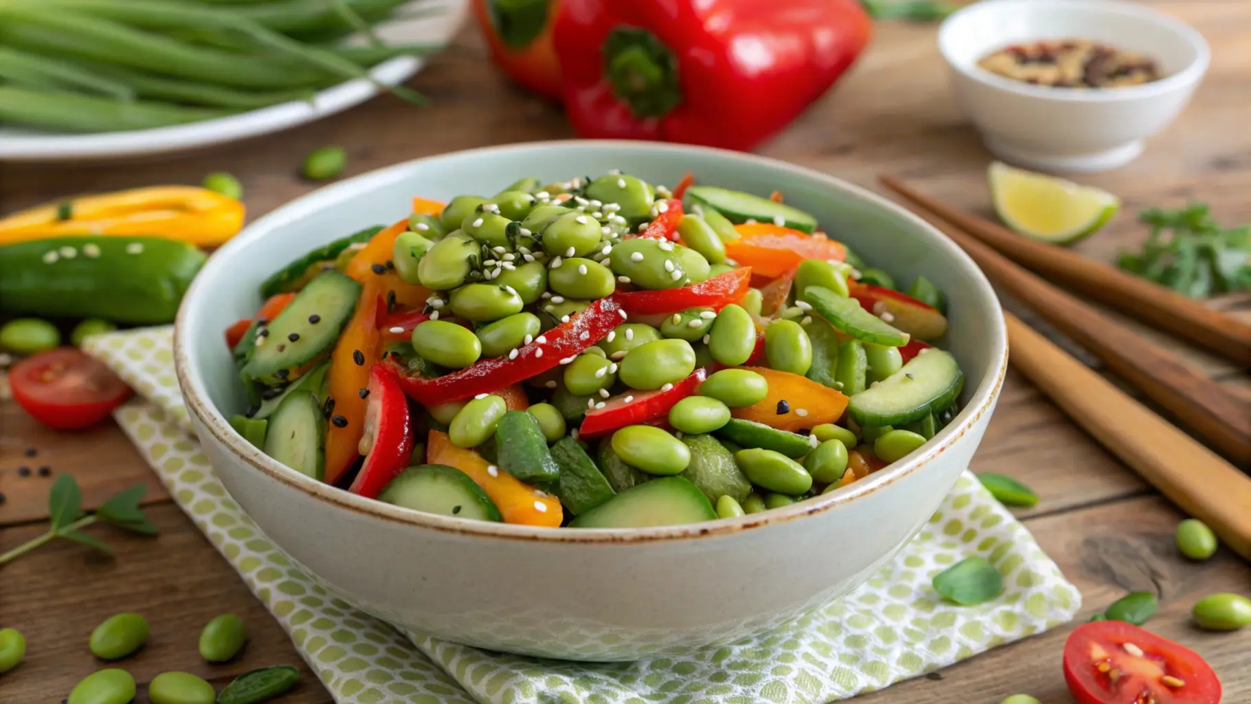 "What is edamame salad made of? A vibrant bowl of edamame salad with green soybeans, crisp vegetables, sesame seeds, and tangy soy-sesame dressing."