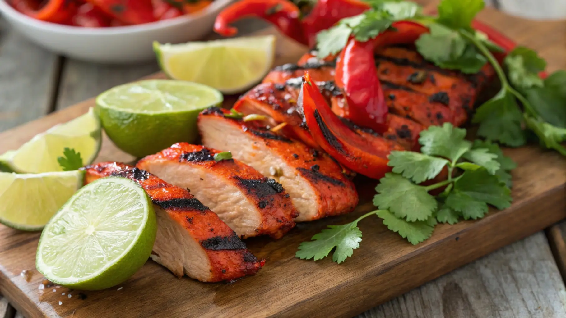 Grilled chicken marinated in red pepper Mexican marinade, garnished with lime wedges and fresh cilantro, served on a rustic wooden plate with a vibrant Tex-Mex backdrop.