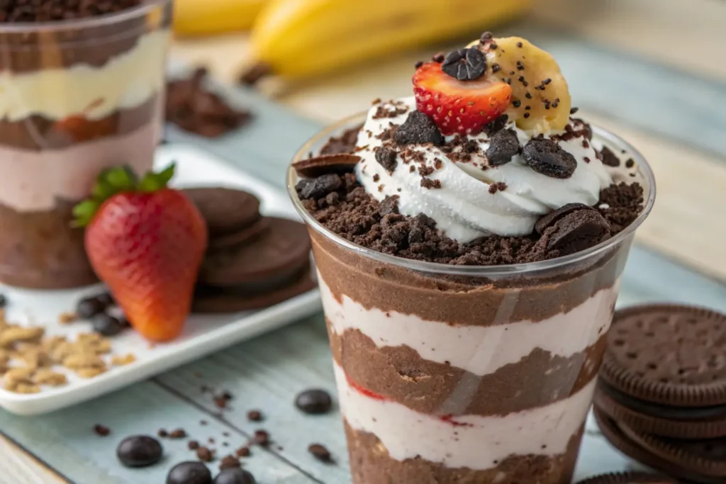 A decadent bowl of instant pudding topped with whipped cream, fresh strawberries, and chocolate shavings, placed on a rustic wooden table.