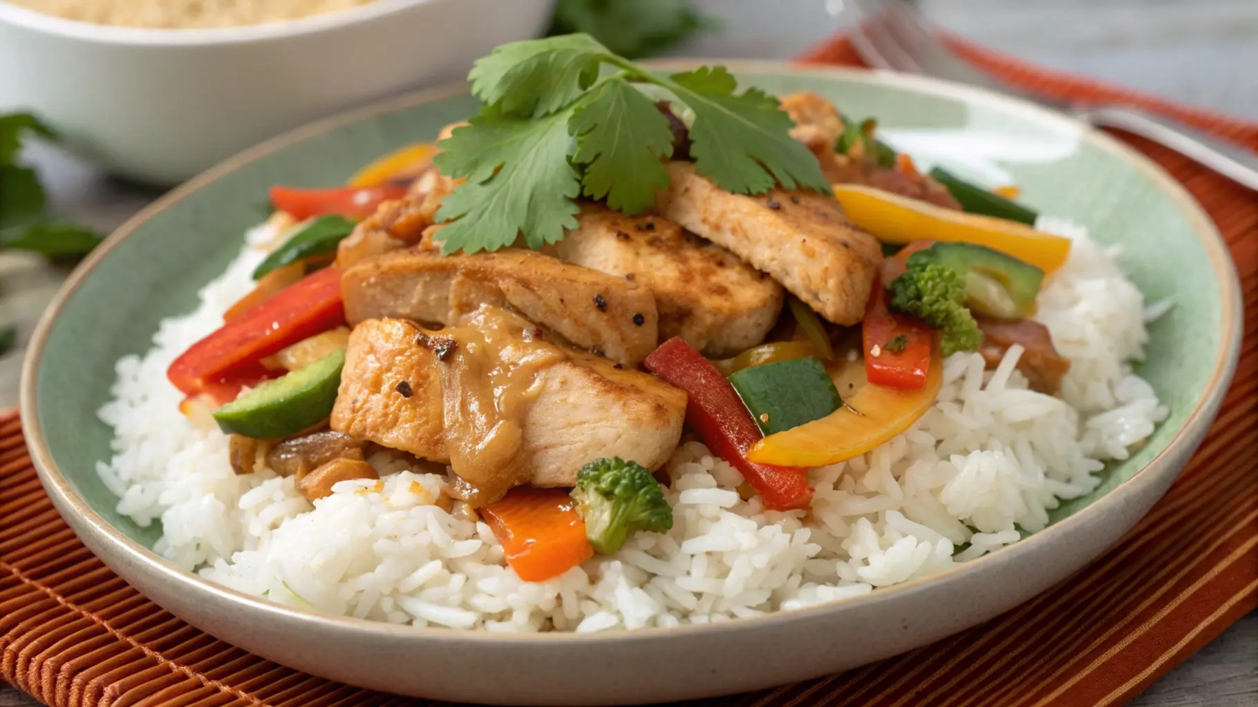 A vibrant dish of chicken with peanut butter sauce, garnished with fresh cilantro and chopped peanuts, served over a bed of jasmine rice alongside colorful steamed vegetables.