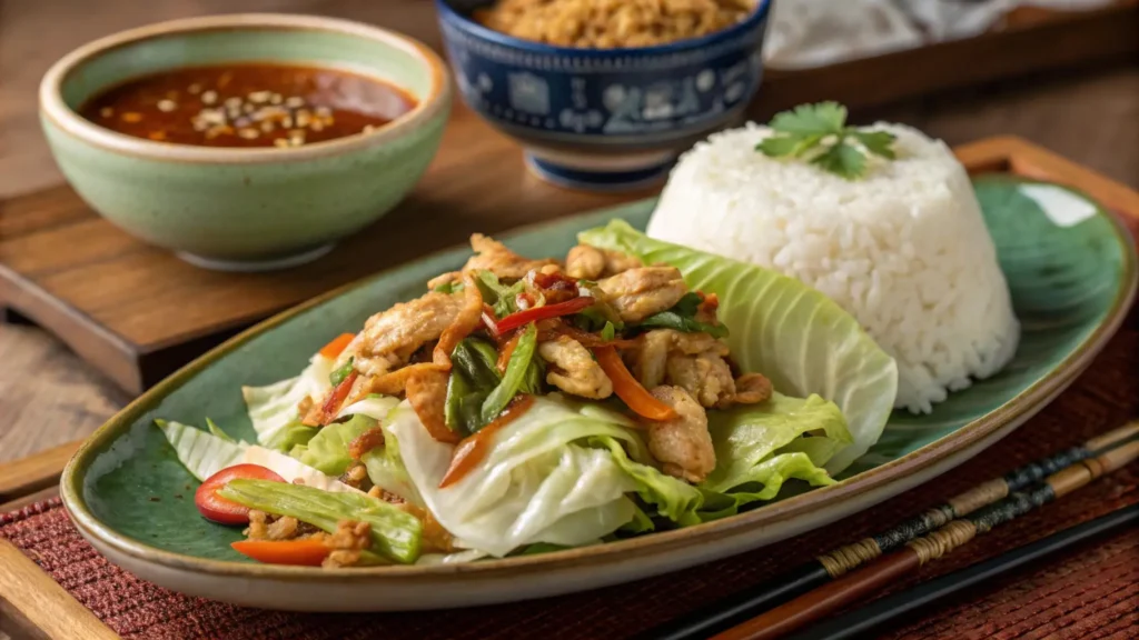 Hmong cabbage and chicken recipe plated with crispy chicken skin, served with steamed rice and a side of Hmong pepper dip on a rustic wooden table.