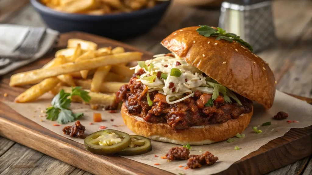 Gourmet sloppy joe served on a toasted brioche bun, topped with coleslaw, melted cheddar cheese, and pickled jalapeños, with a side of crispy French fries on a rustic wooden table.