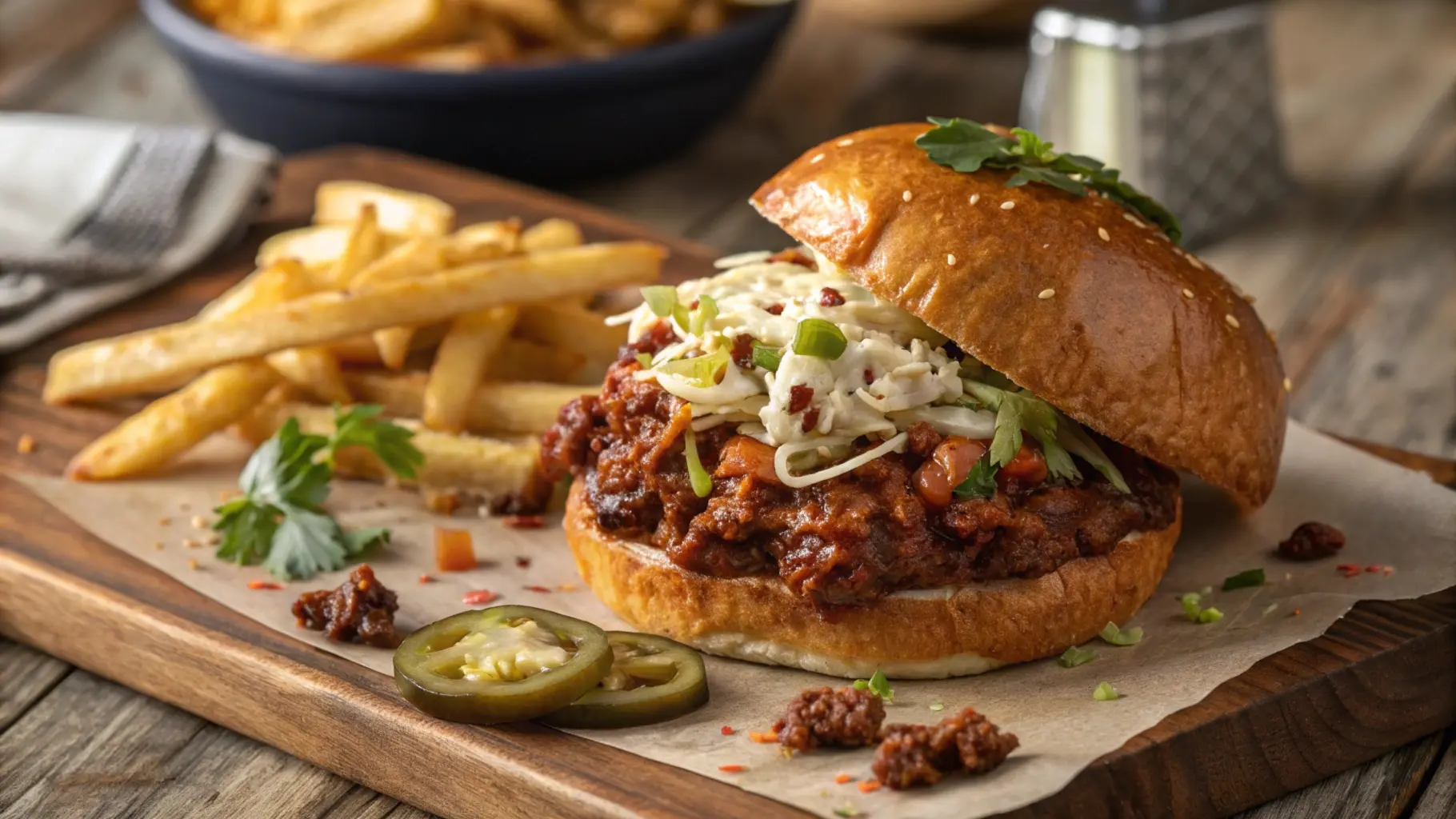 Gourmet sloppy joe served on a toasted brioche bun, topped with coleslaw, melted cheddar cheese, and pickled jalapeños, with a side of crispy French fries on a rustic wooden table.