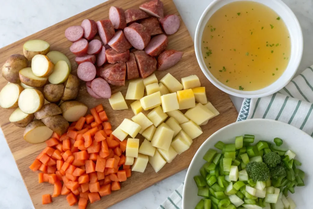 Overhead view of chopped potatoes, kielbasa, and vegetables arranged neatly on a cutting board, with a bowl of chicken broth ready for preparation.