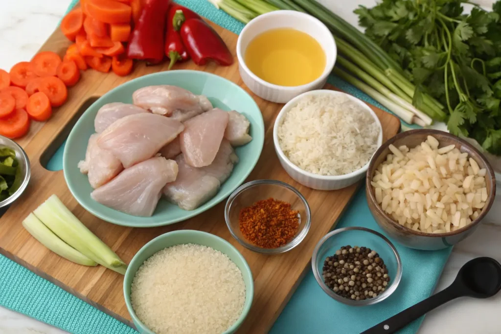 Ingredients for spicy chicken soup neatly arranged on a cutting board, including raw chicken pieces, rice, fresh vegetables, and small bowls of spices