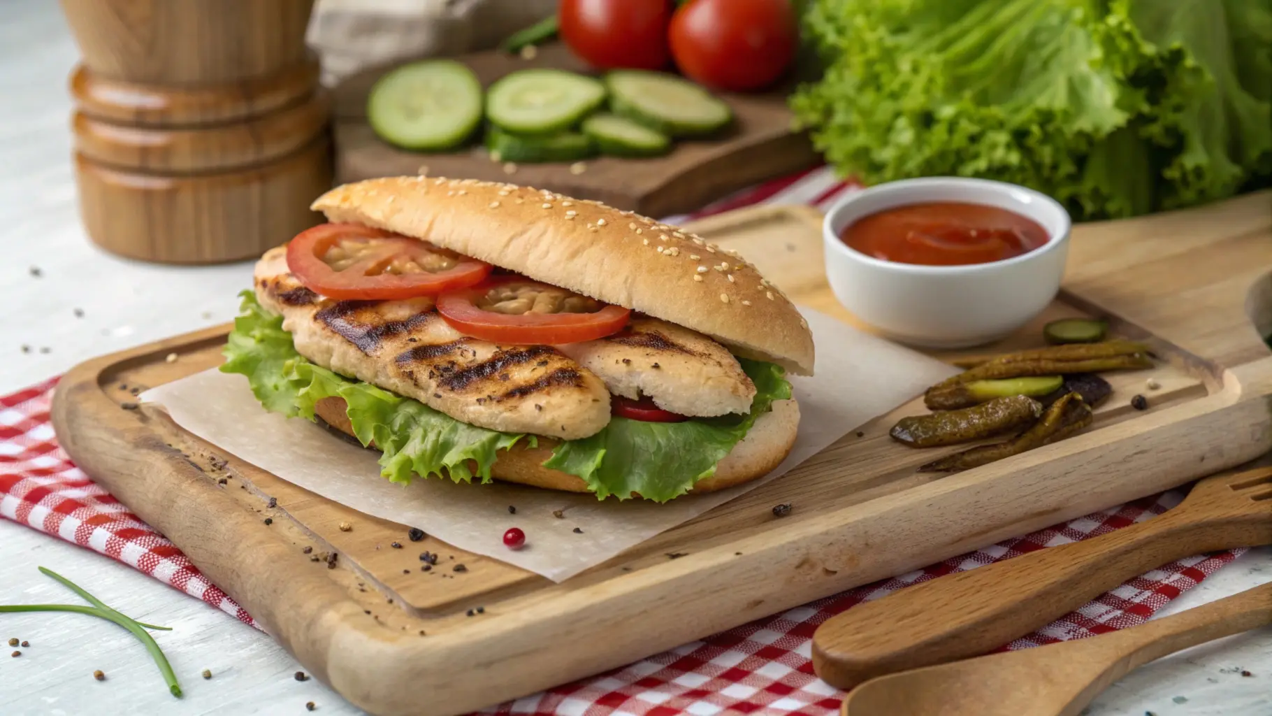 Grilled chicken sandwich with A1 sauce served on a rustic wooden board, accompanied by fresh lettuce, tomatoes, and a bowl of tangy A1 sauce for dipping.