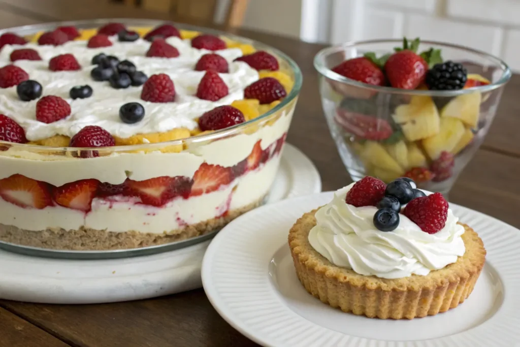 A no-bake pie with cream-enriched pudding filling, topped with whipped cream and fresh berries, next to a trifle layered with cake, pudding, and fruit