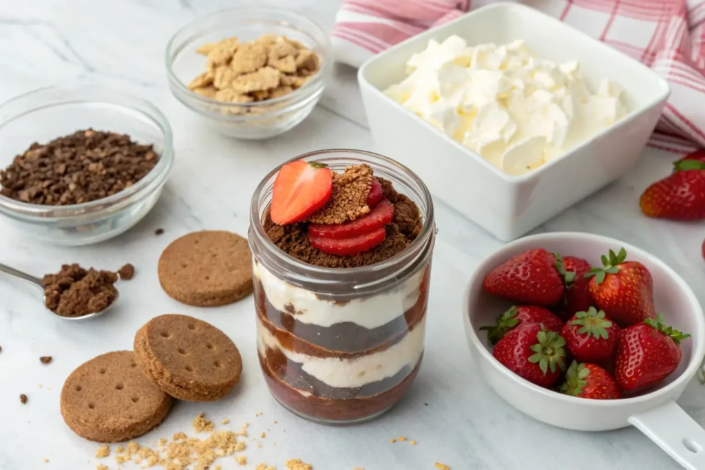 Layered chocolate pudding parfait in a glass jar, showcasing crumbled cookies, whipped cream, and fresh strawberries with neatly arranged ingredients around.