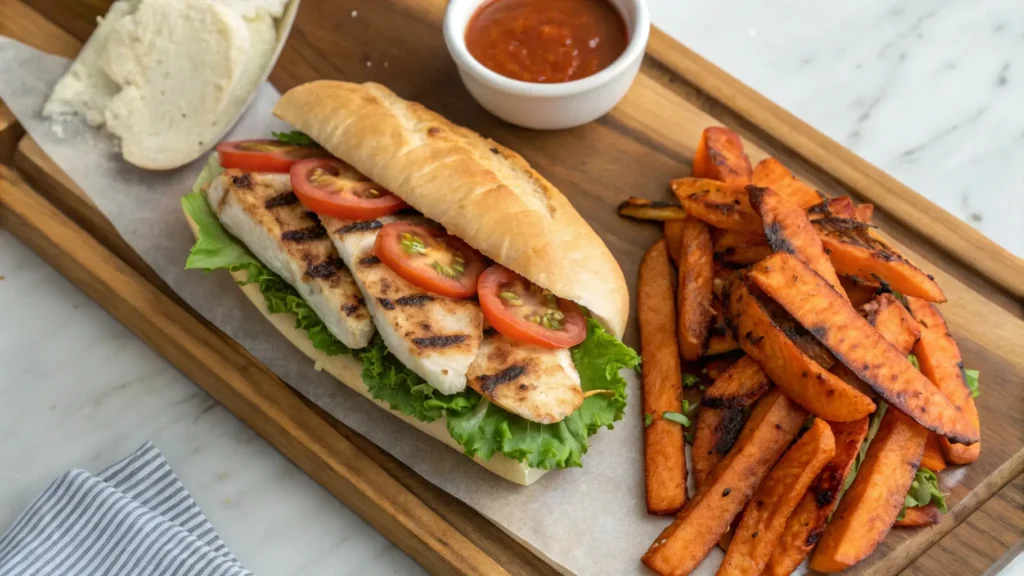 An overhead shot of an assembled grilled chicken sandwich on a wooden board, garnished with fresh lettuce, tomatoes, and a side of sweet potato fries, with a small bowl of A1 sauce for dipping.