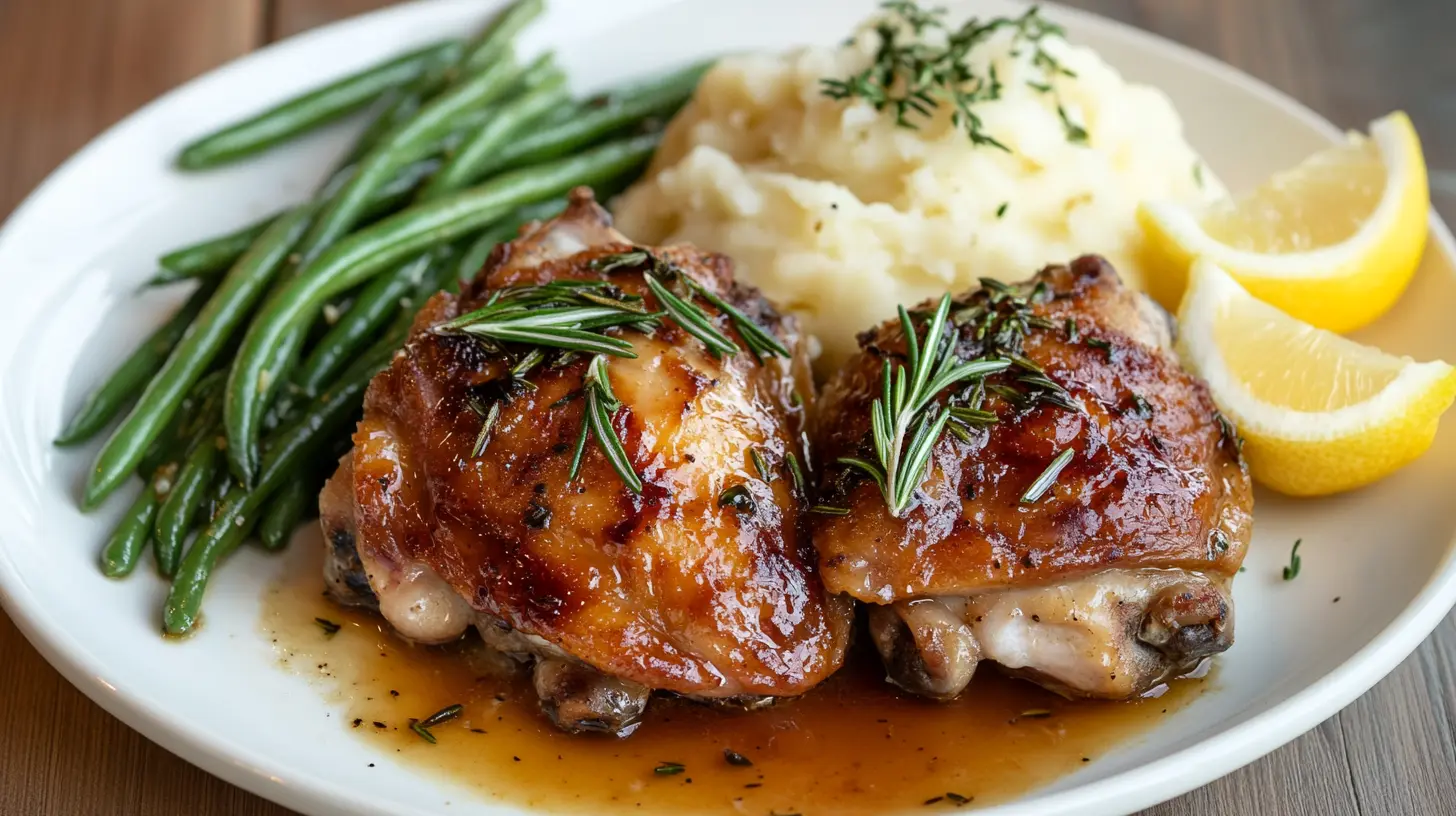 A beautifully plated dish of tender, juicy chicken thighs garnished with fresh rosemary and lemon wedges, served with mashed potatoes and steamed green beans on a white plate with a rustic wooden background.