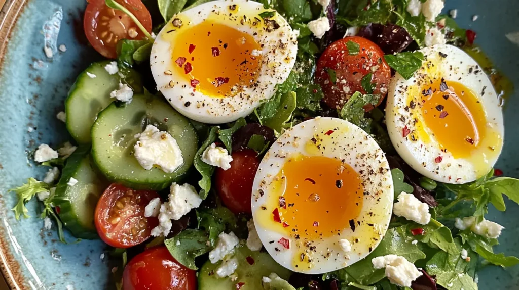 Close-up of jammy eggs on a fresh salad with mixed greens, cherry tomatoes, and feta cheese, showcasing an easy jammy eggs recipe.