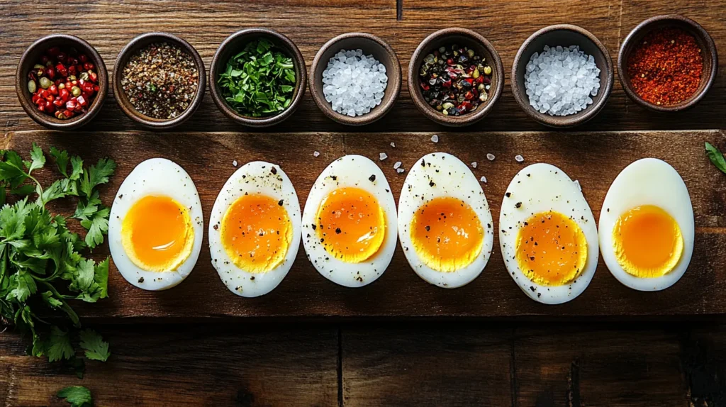 Jammy eggs sliced in half with creamy yolks, garnished with sea salt, cracked pepper, and herbs on a wooden board – how long to boil an egg for jammy.