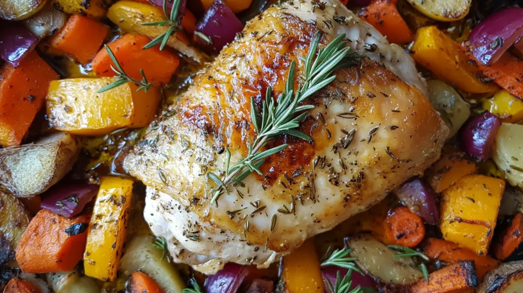 A golden-brown roasted chicken thigh or breast on a baking tray, surrounded by colorful vegetables like carrots and zucchini, garnished with fresh rosemary and thyme.