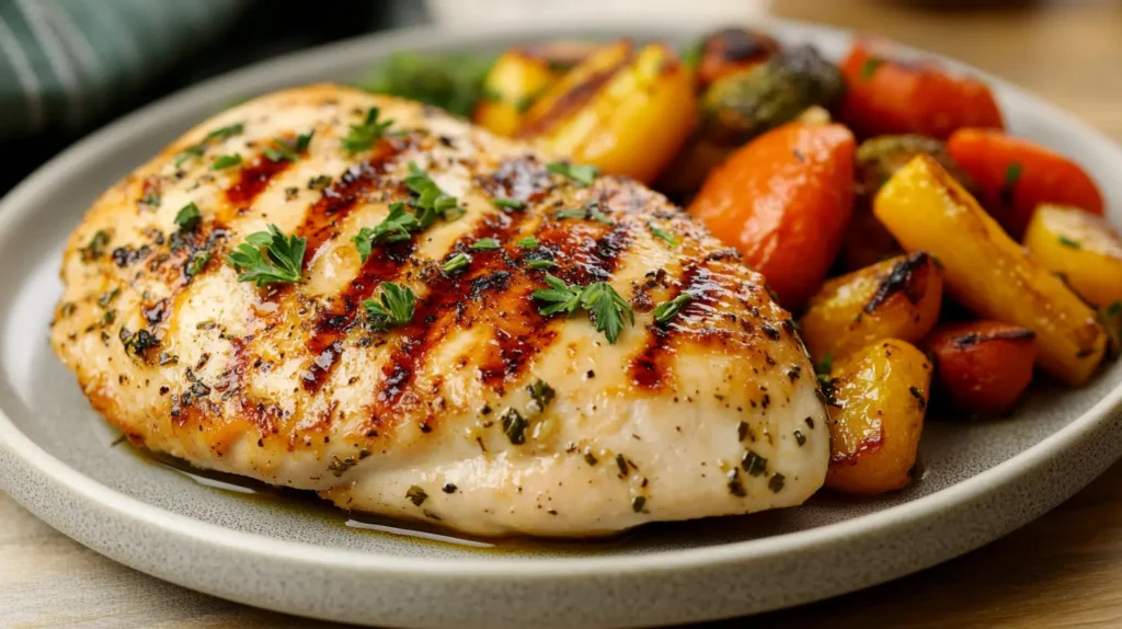 A perfectly roasted whole chicken Gordon Ramsay style, golden-brown and crispy, surrounded by roasted vegetables like carrots, potatoes, and onions, garnished with fresh rosemary and thyme on a rustic wooden table.