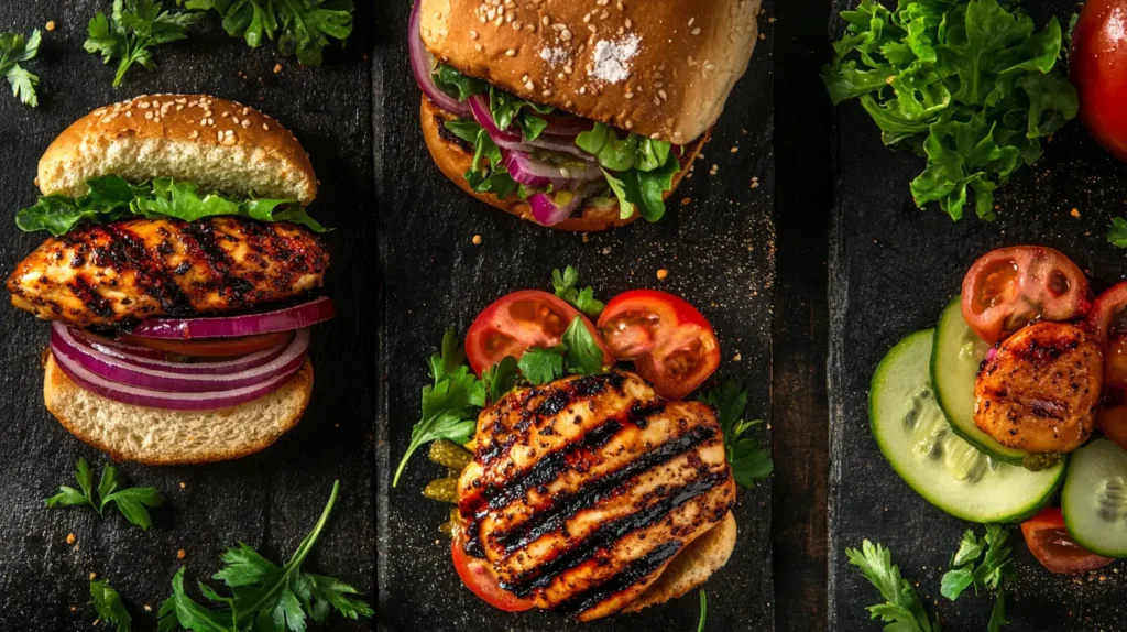Step-by-step process showing marinating chicken with A1 sauce, grilling it to perfection with char marks, and assembling a grilled chicken sandwich with fresh vegetables and toasted bread