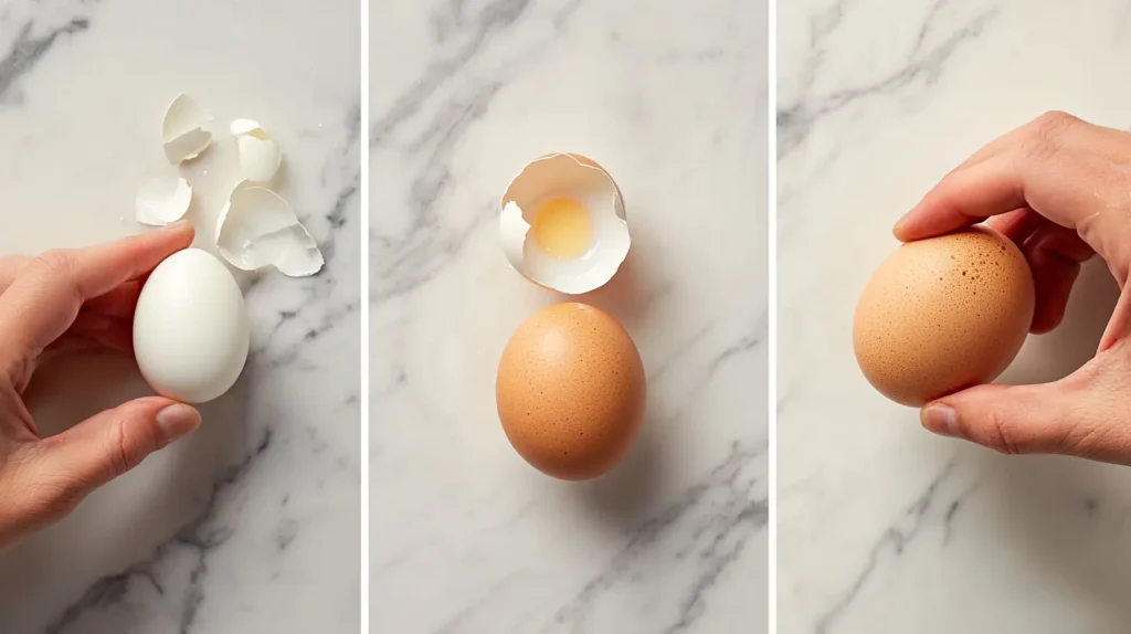 Step-by-step guide to peeling a soft-boiled egg, showing cracking, rolling, and peeling under running water, featuring a perfectly peeled egg.
