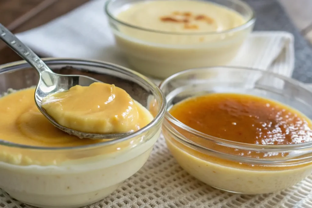 Close-up comparison of instant pudding and regular pudding in clear bowls, highlighting instant pudding’s smooth, light texture and regular pudding’s dense, custard-like consistency, with a spoon scooping from each bowl.