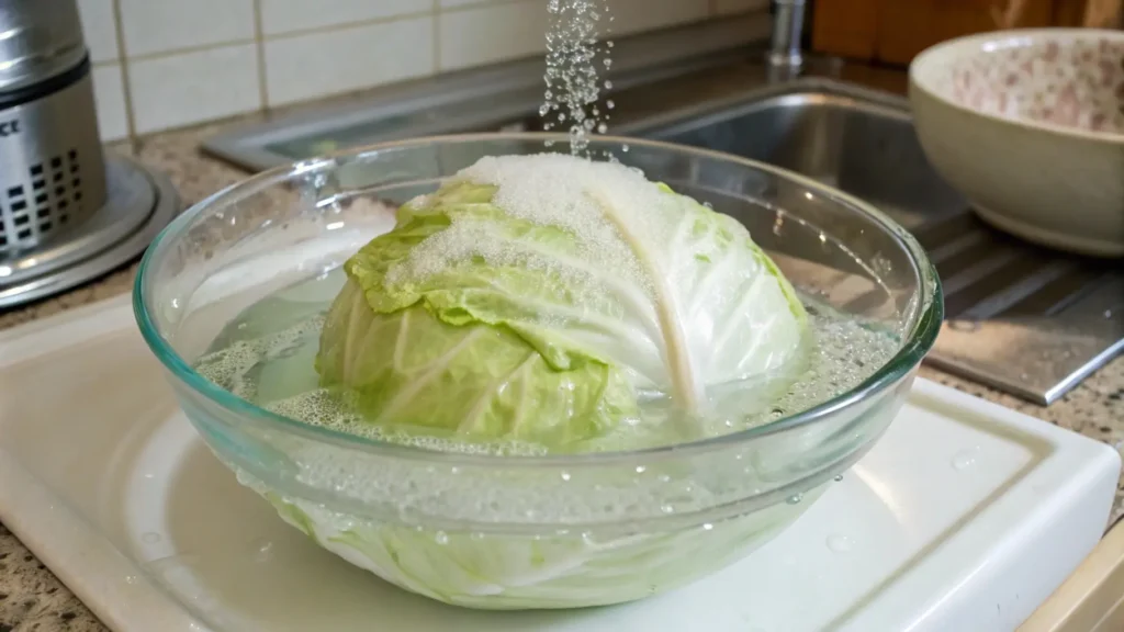 Close-up of cabbage leaves soaking in saltwater to clean and prepare for cooking.