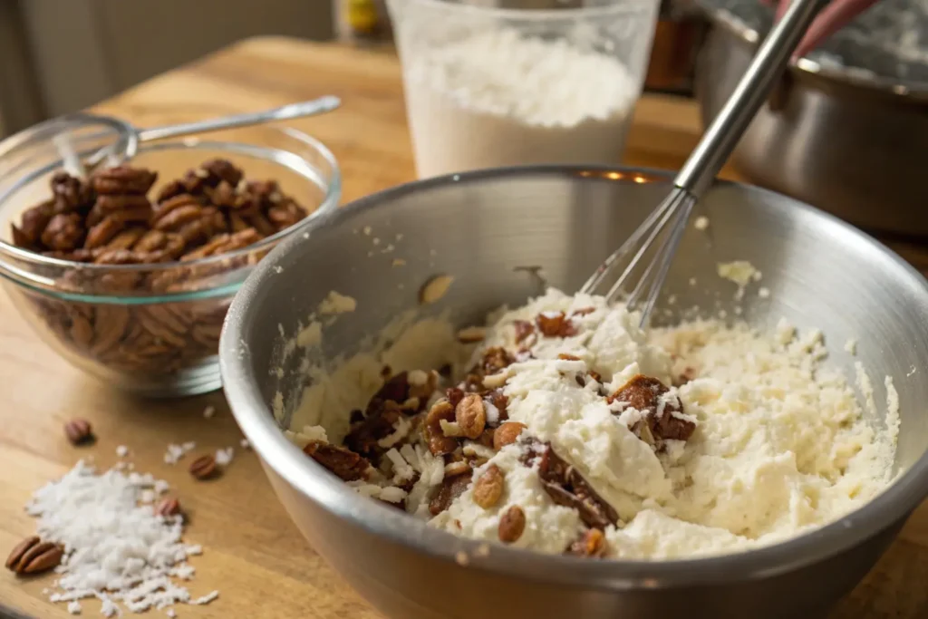 Close-up of a mixing bowl showing the preparation of coconut-pecan frosting, with shredded coconut and chopped pecans being stirred into a creamy mixture, in a cozy kitchen setting.