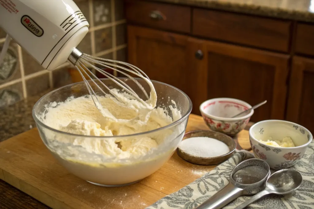 Close-up of a mixing bowl with cake batter being prepared, showing sour cream being added to the mix, with a whisk and measuring spoons nearby, in a cozy kitchen setting.