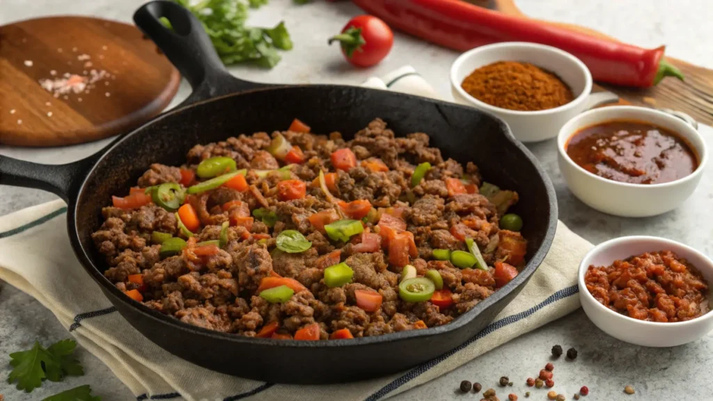 Close-up of a skillet containing sloppy joe sauce being stirred with a wooden spoon, surrounded by bowls of spices, BBQ sauce, Worcestershire sauce, and other flavor-enhancing ingredients.