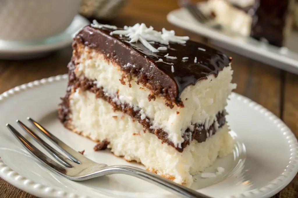 Close-up of a slice of Mounds cake on a white plate, featuring moist chocolate layers, creamy coconut filling, and glossy chocolate ganache, topped with shredded coconut and a fork beside it.