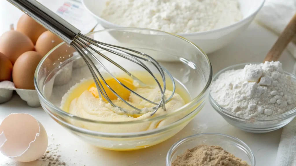 Step-by-step process of mixing dough for egg white buns with key ingredients like egg whites, flour, and yeast.