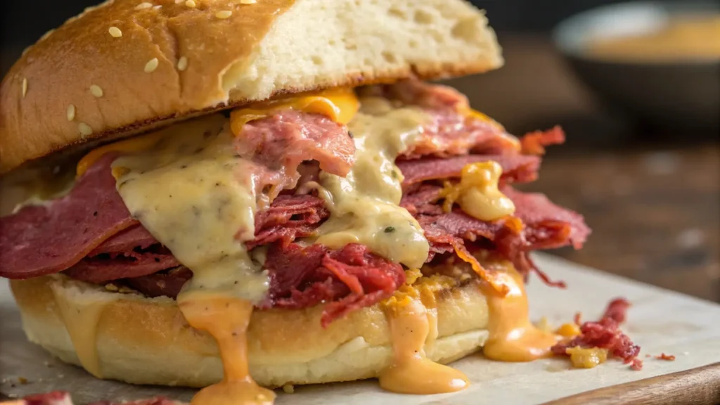 Close-up of a New York sloppy joe showcasing layers of corned beef, melted Swiss cheese, Russian dressing, and coleslaw spilling out of a soft hamburger bun.