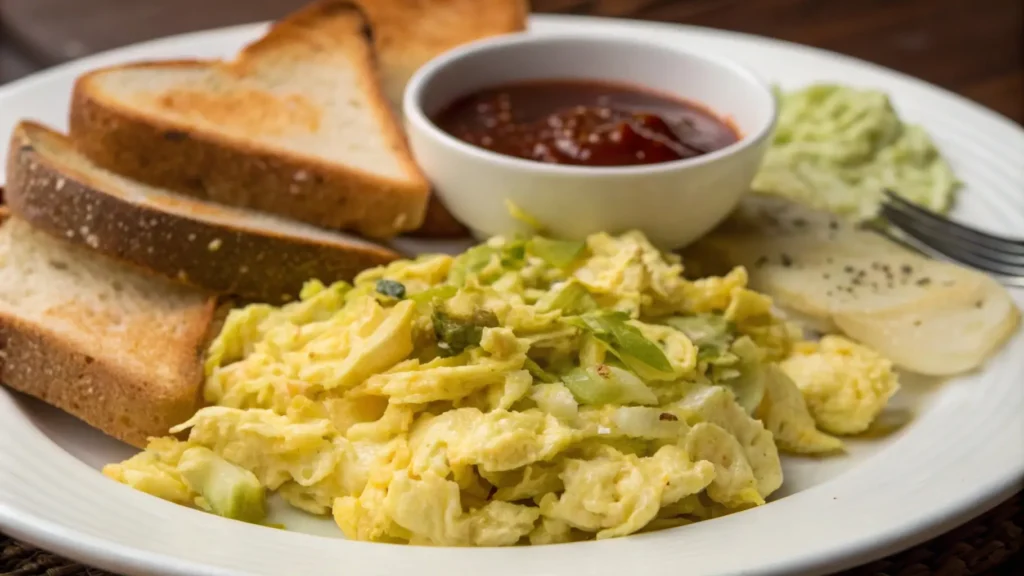 Scrambled eggs with sautéed cabbage on a plate – a healthy and delicious dish combining eggs and cabbage.