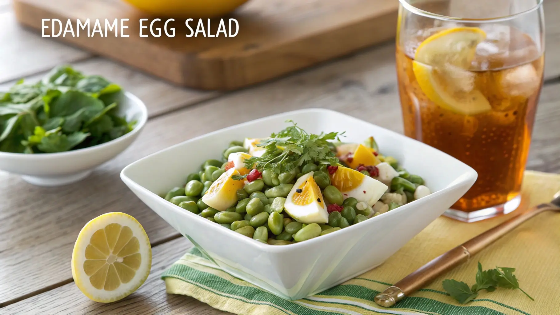 A bright and appetizing image of an edamame egg salad served in a white bowl on a wooden table, garnished with fresh herbs and lemon slices, accompanied by a glass of iced tea.