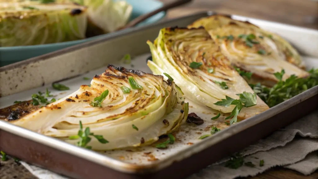 Perfectly roasted cabbage wedges on a baking tray, highlighting a popular method of cooking cabbage.